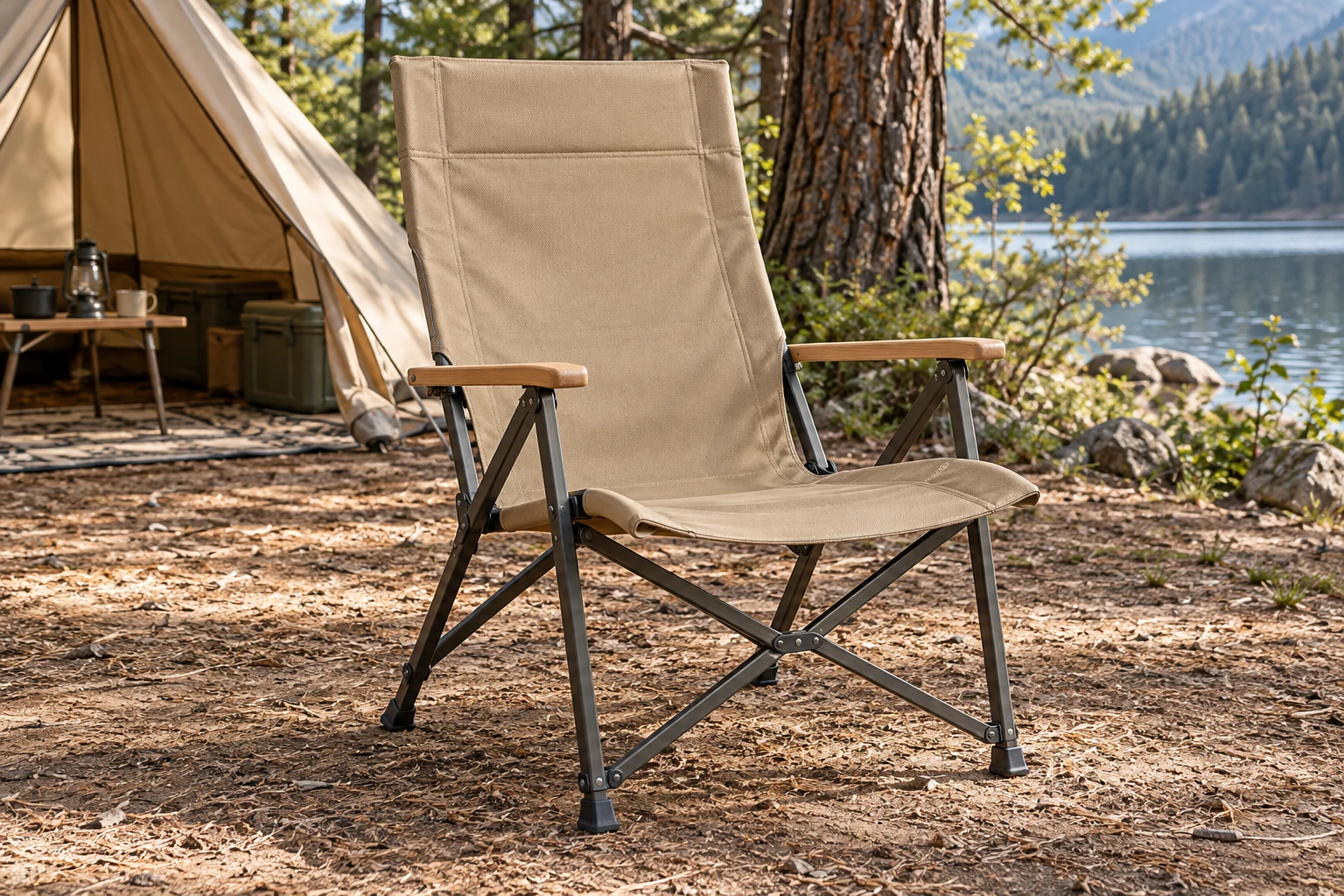 Scène de camping générée par IA : Chaise de camping renforcée à dossier haut