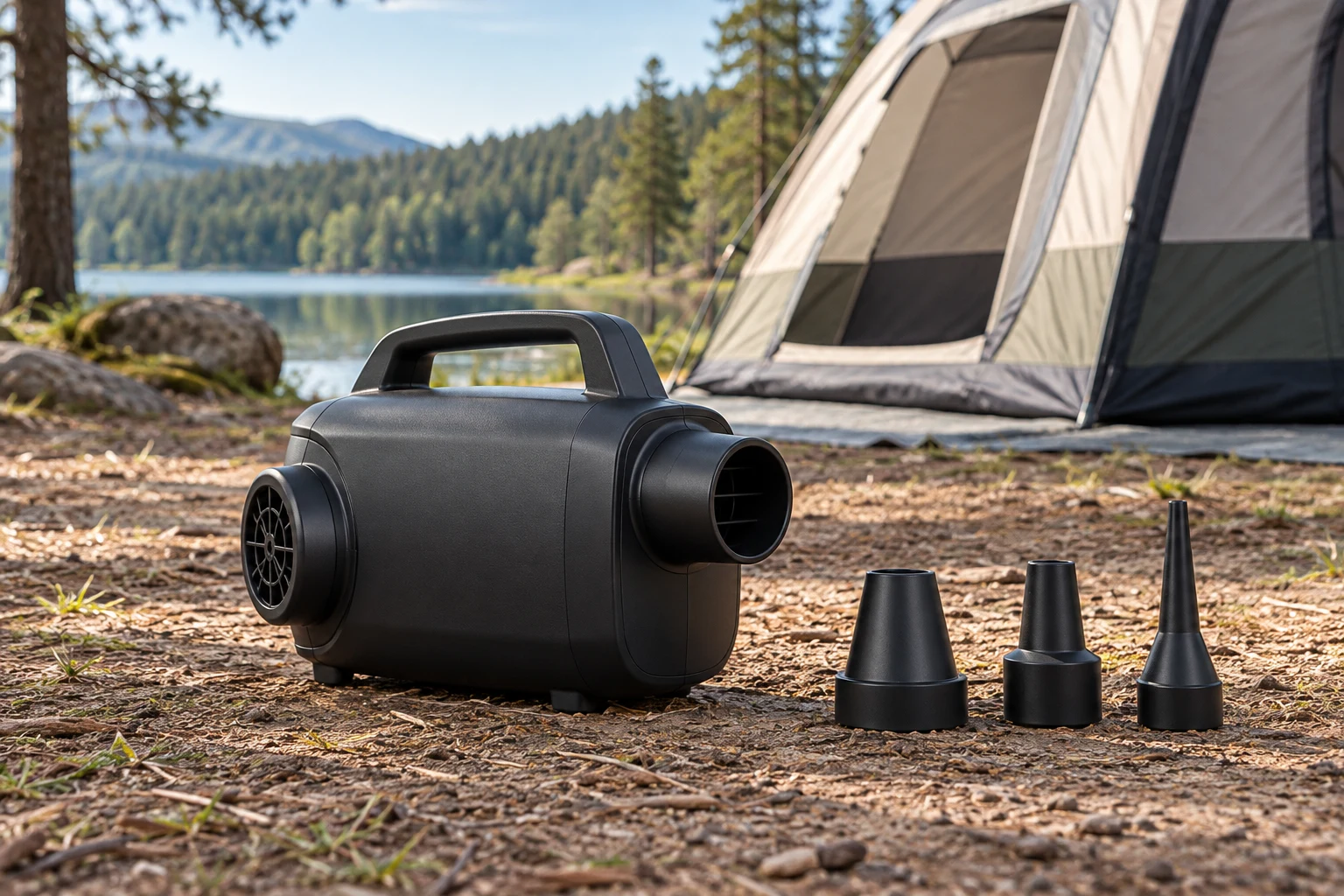 AI-generated campsite illustration of High-Airflow Rechargeable Air Pump