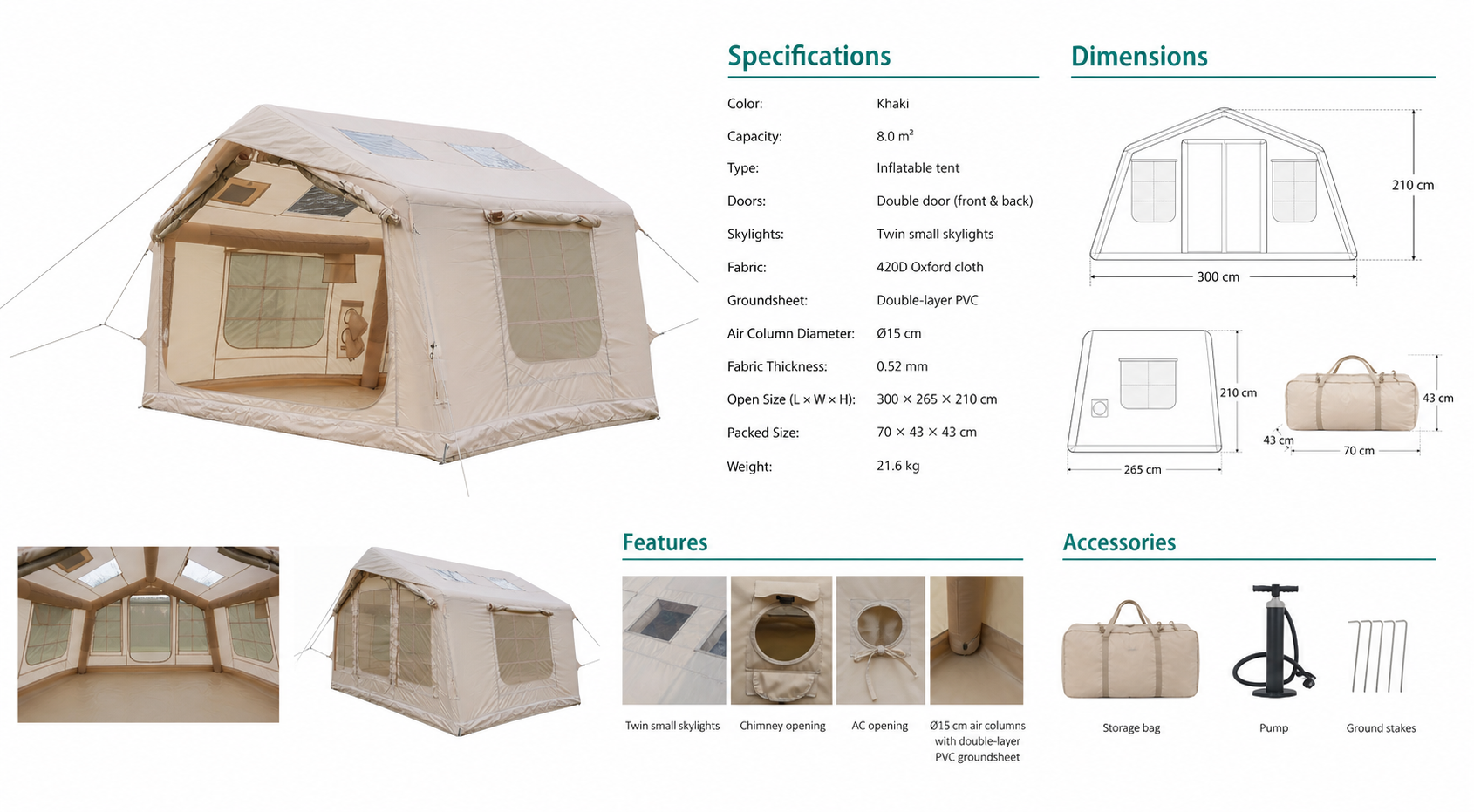 English product specifications for IT027 khaki double-door AB tent