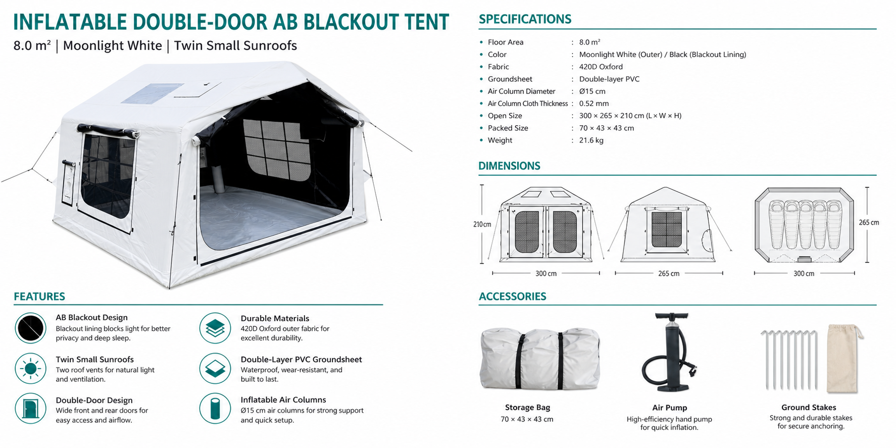 English size, material and accessory sheet for the 8.0 m² Moonlight White tent