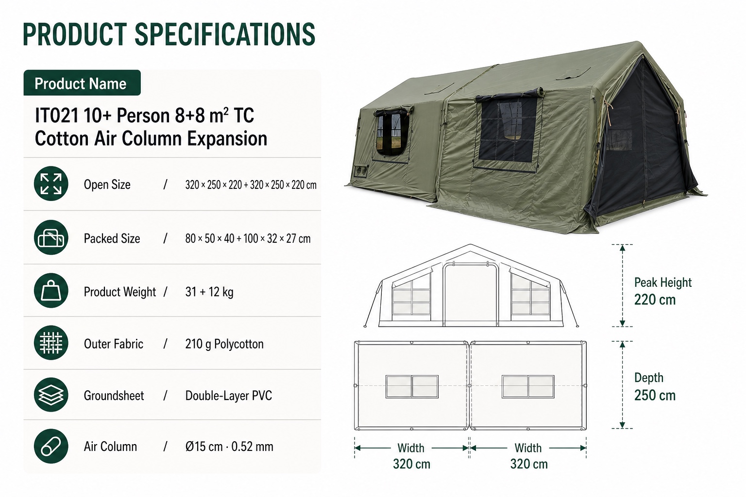English size and layout sheet for the 8 + 8 m² air-column expansion tent