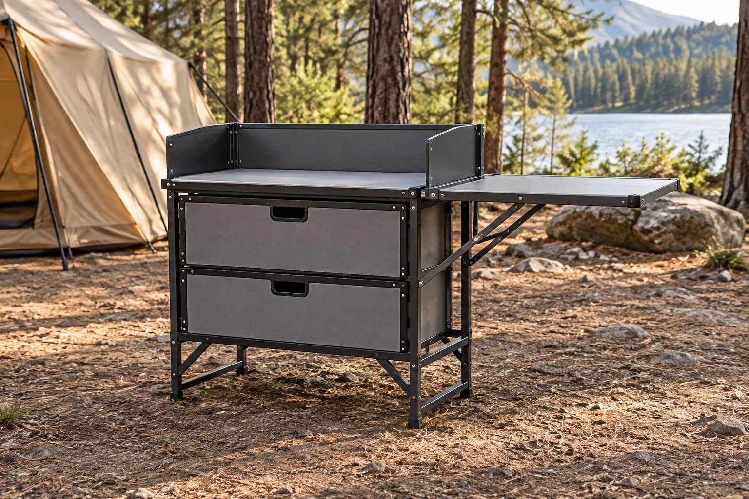 Scène de camping générée par IA : Cuisine de camping modulaire légère / caisse de cuisine