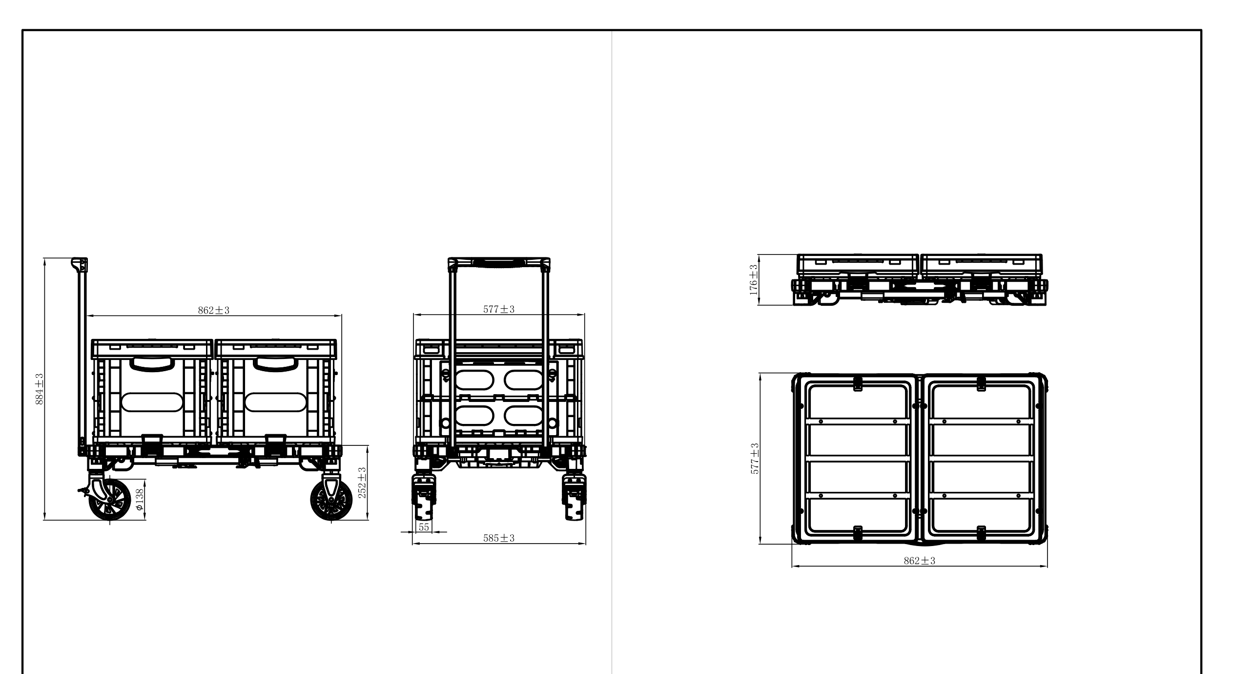 Manufacturer CAD dimension drawing for the CP-02 cart with two folding baskets and two lids