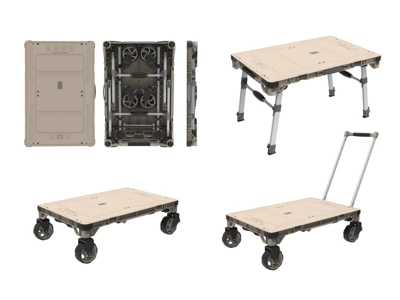 Manufacturer views of the folding cart in folded, table, low-platform and pull-handle configurations