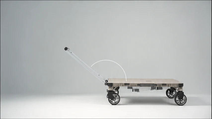 Folding utility cart in low platform configuration with pull handle extended