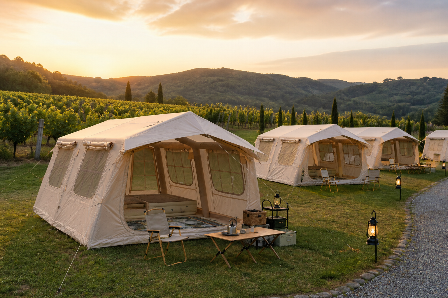 Khaki Doppeltürige AB aufblasbare Zelte in einem Weinbergcampingplatzprogramm