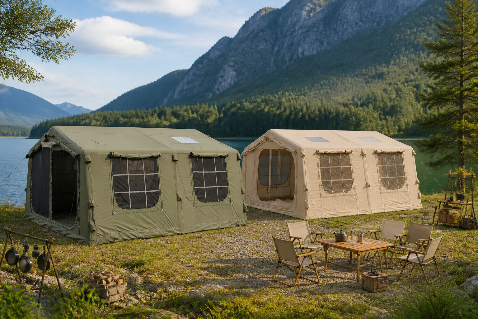 Grüne und khaki erweiterte Zelte neben einem Bergsee