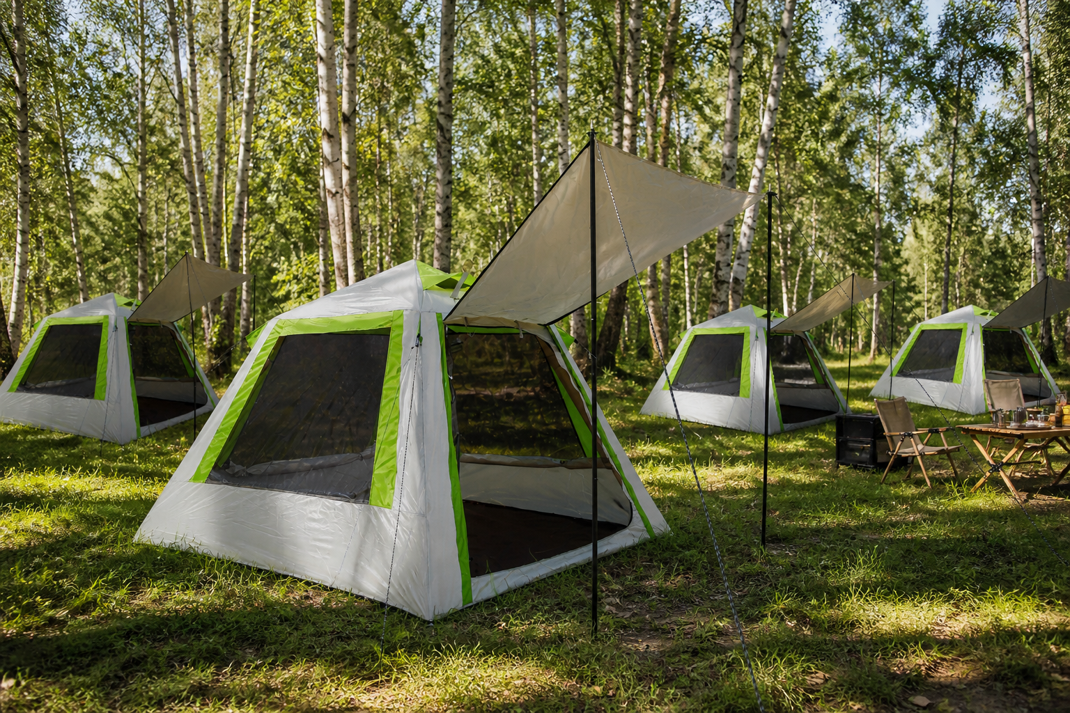 IT025 compact single-door tents in a birch woodland campsite