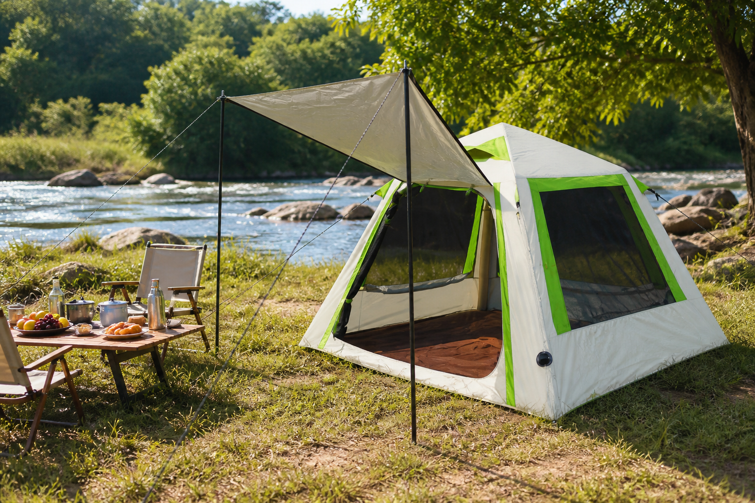 IT025 tent at a sunny riverside campground