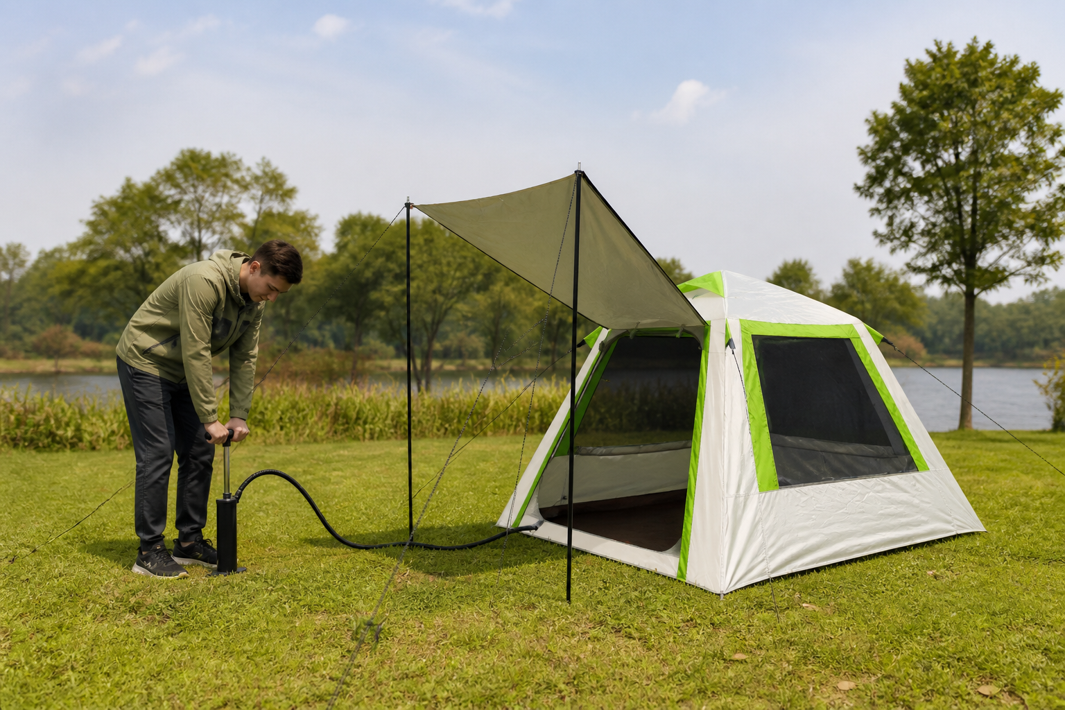 User inflating the IT025 single-door tent with a hand pump