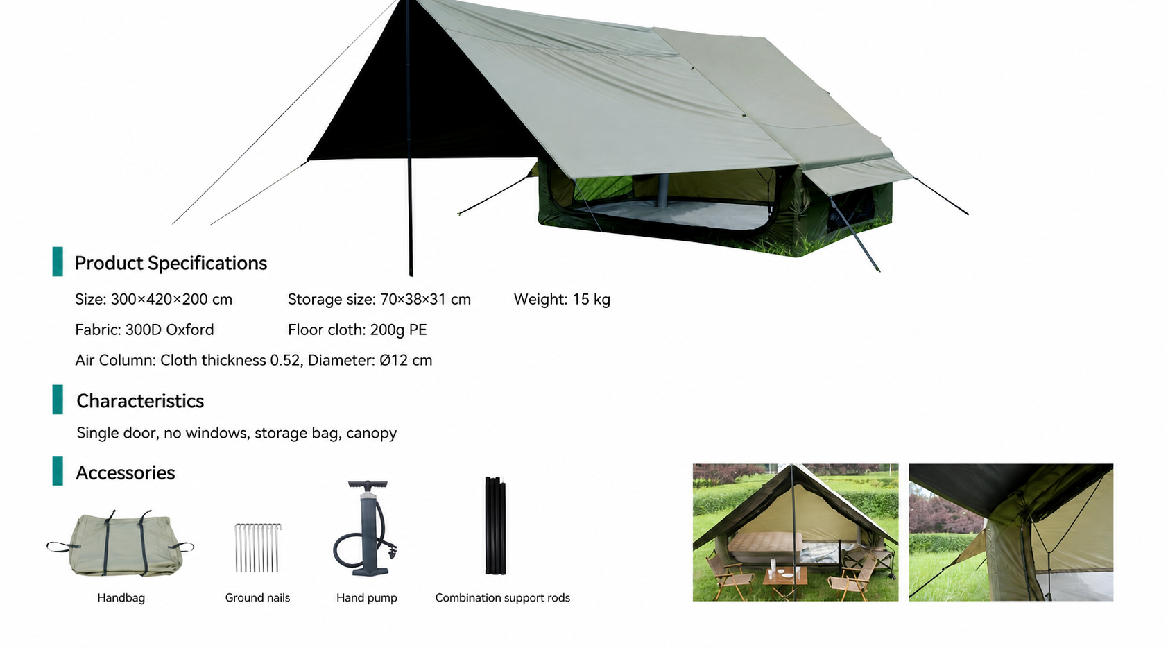 English product display for the green and khaki Pro canopy tent family