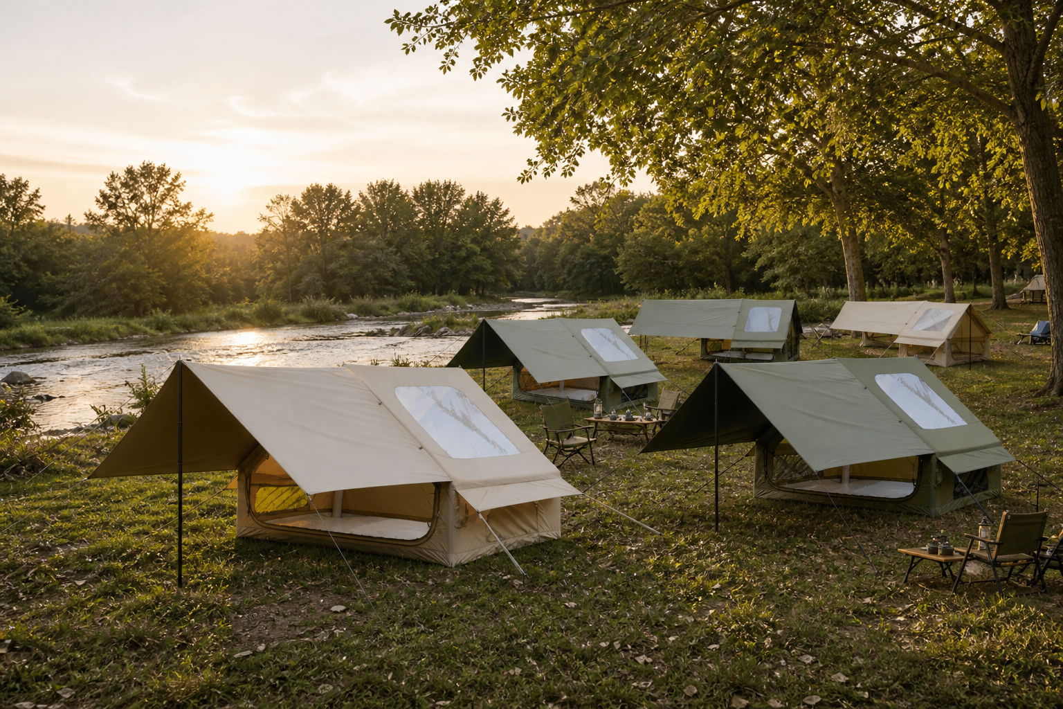 Green and khaki Pro canopy tents at a riverside campsite