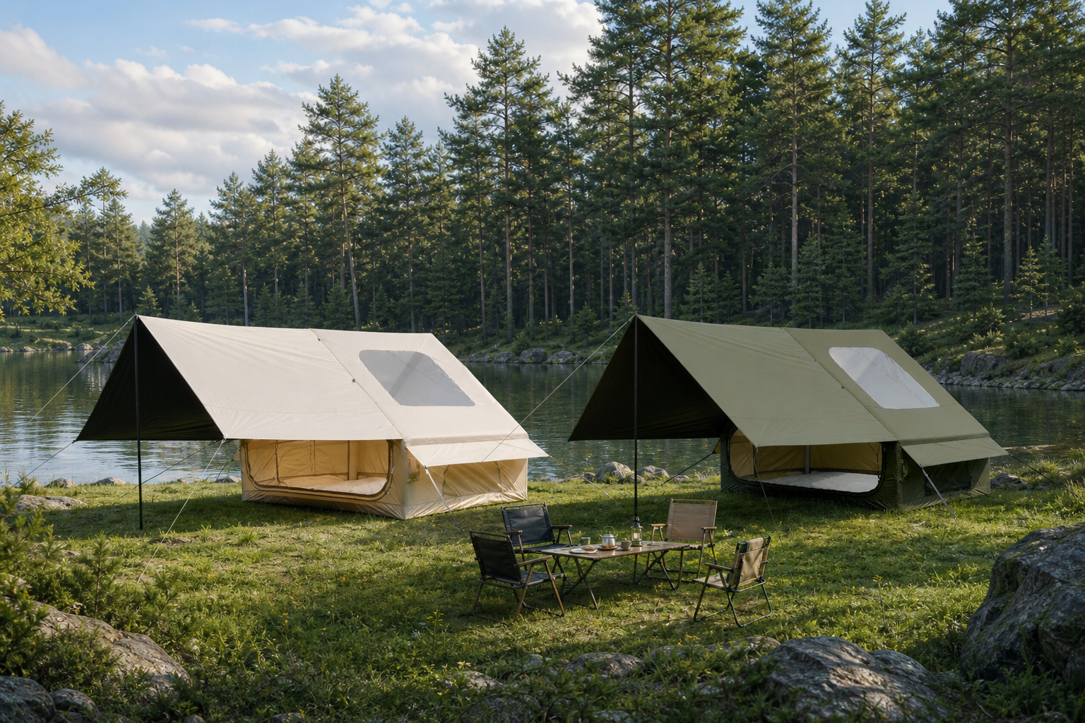 Green and khaki Pro canopy tents beside a pine lake