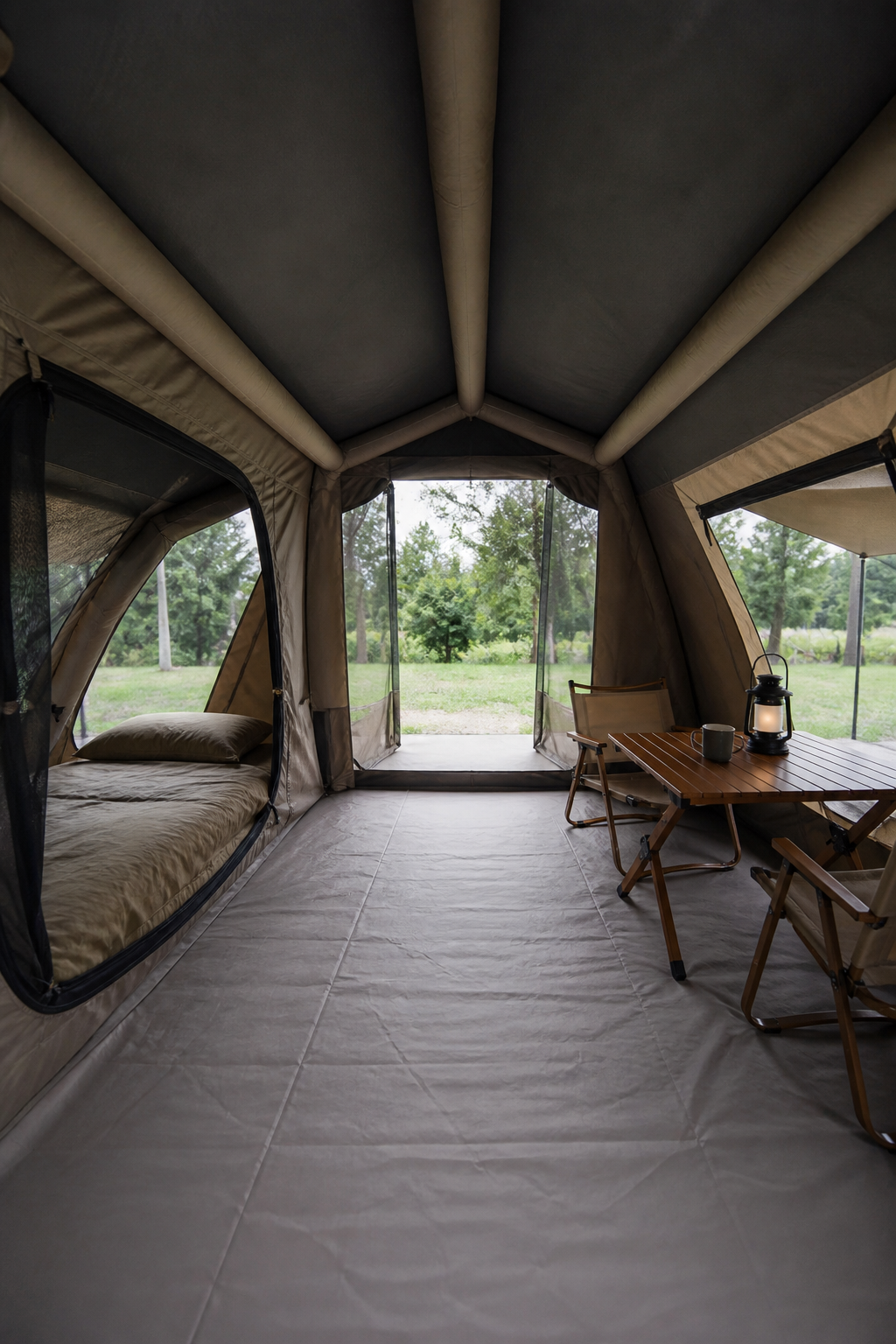 Innenraum des 6,5 m² großen aufblasbaren Zeltes mit Schlafzimmer und Wohnbereichen