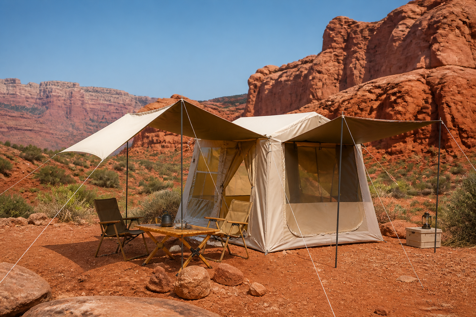 Khaki 6,5 m² aufblasbares Zelt auf einem Red Rock Campingplatz