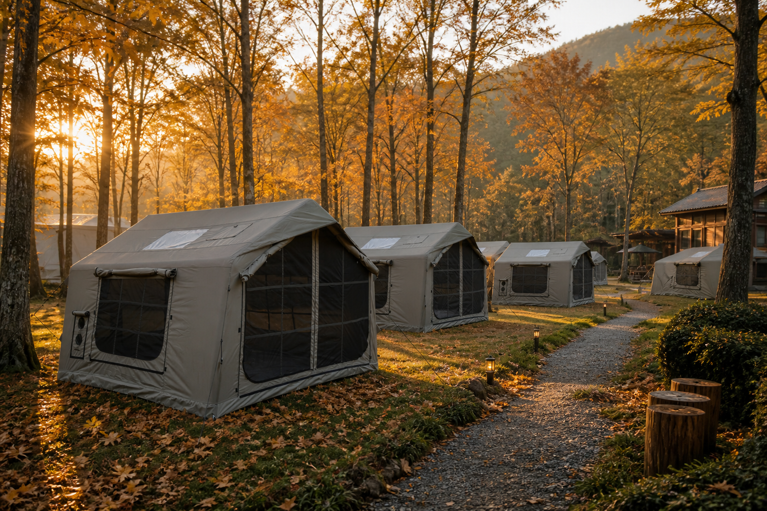 Aurora Grün Doppeltürige aufblasbare Zelte auf einem Herbstcampingplatz, Anwendungsvisualisierung
