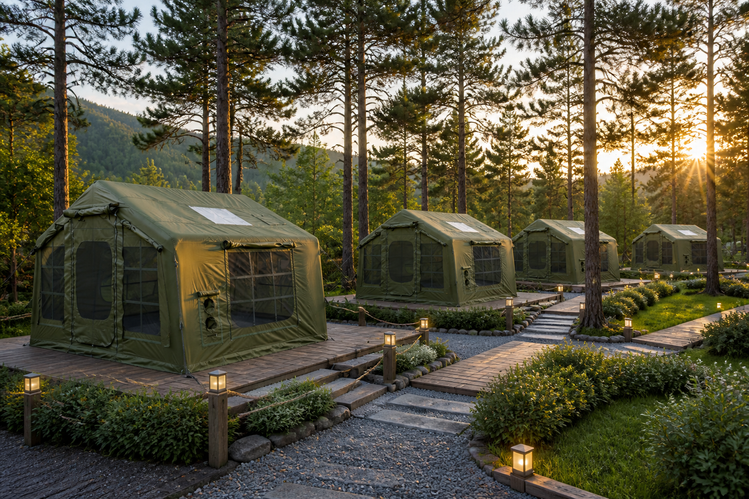 Grüne zweitürige aufblasbare Zelte auf einem Waldcampingplatz, Anwendungsvisualisierung