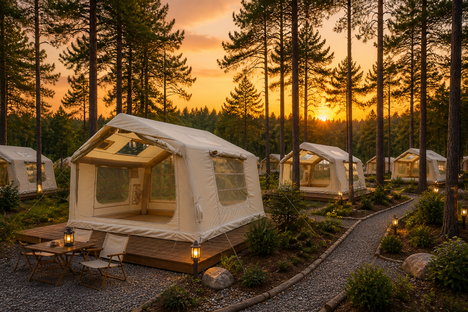 IT027 khaki double-door AB inflatable tents in a woodland campsite