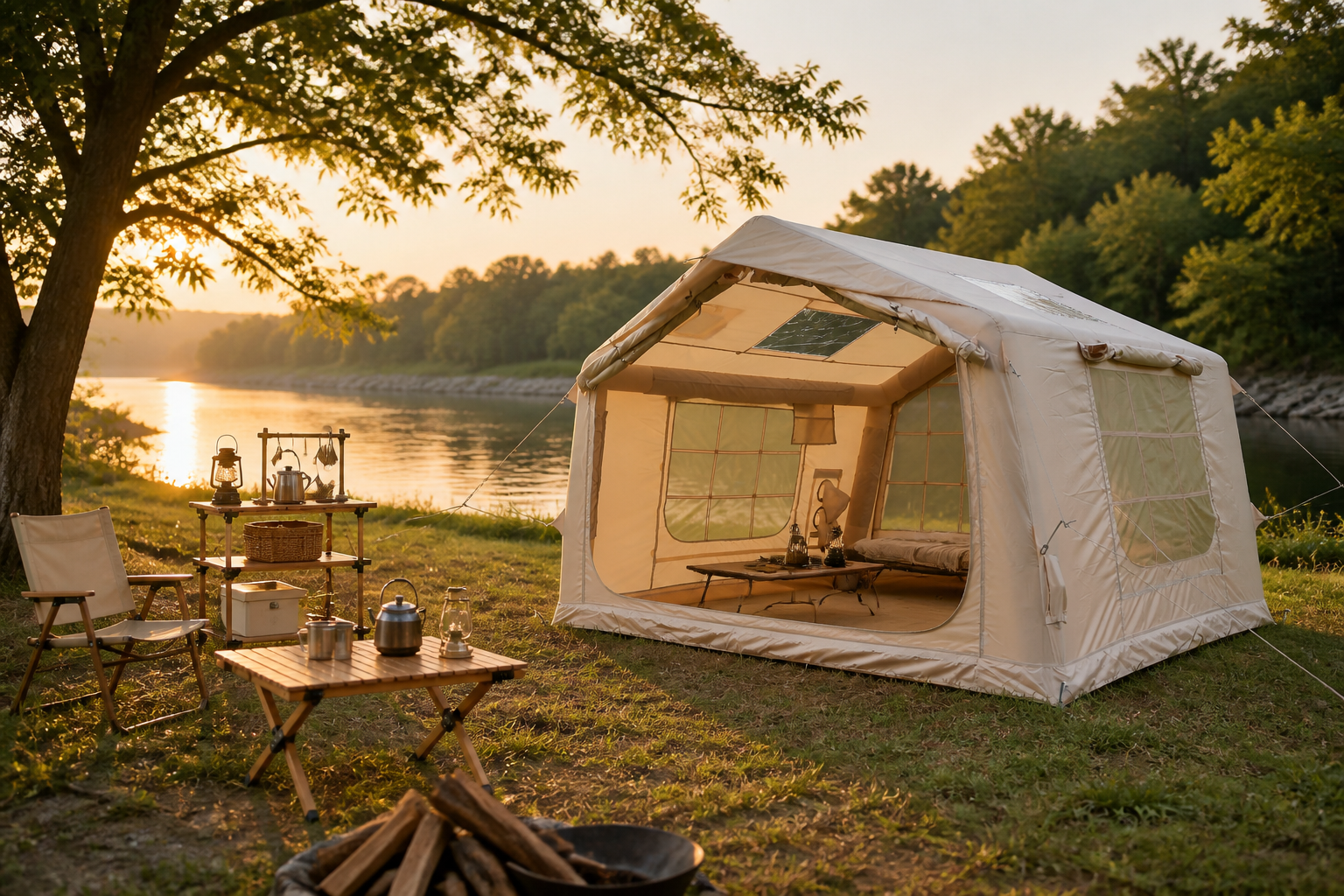 IT027 khaki tent beside a quiet river