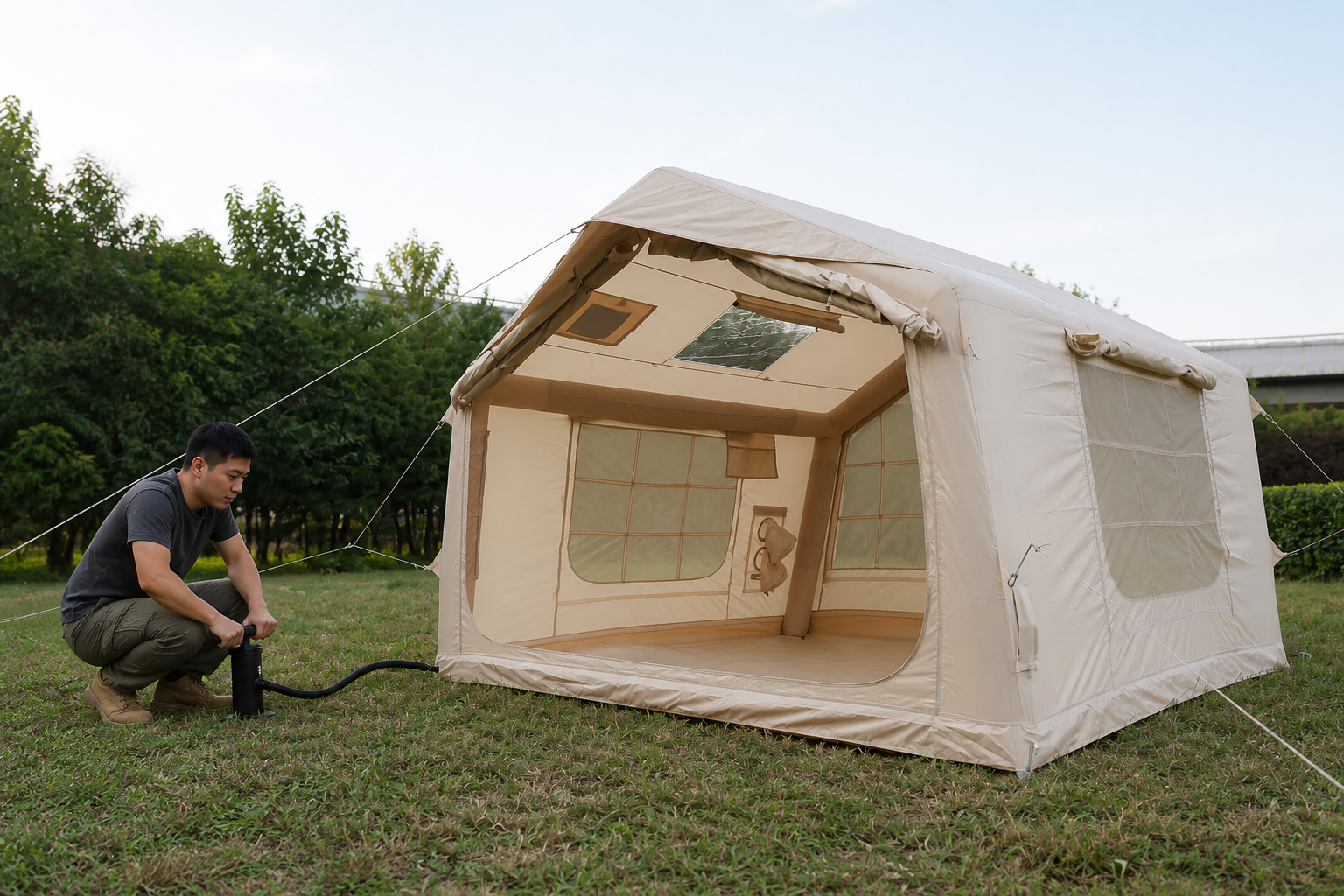 Technician inflating the IT027 khaki double-door AB tent