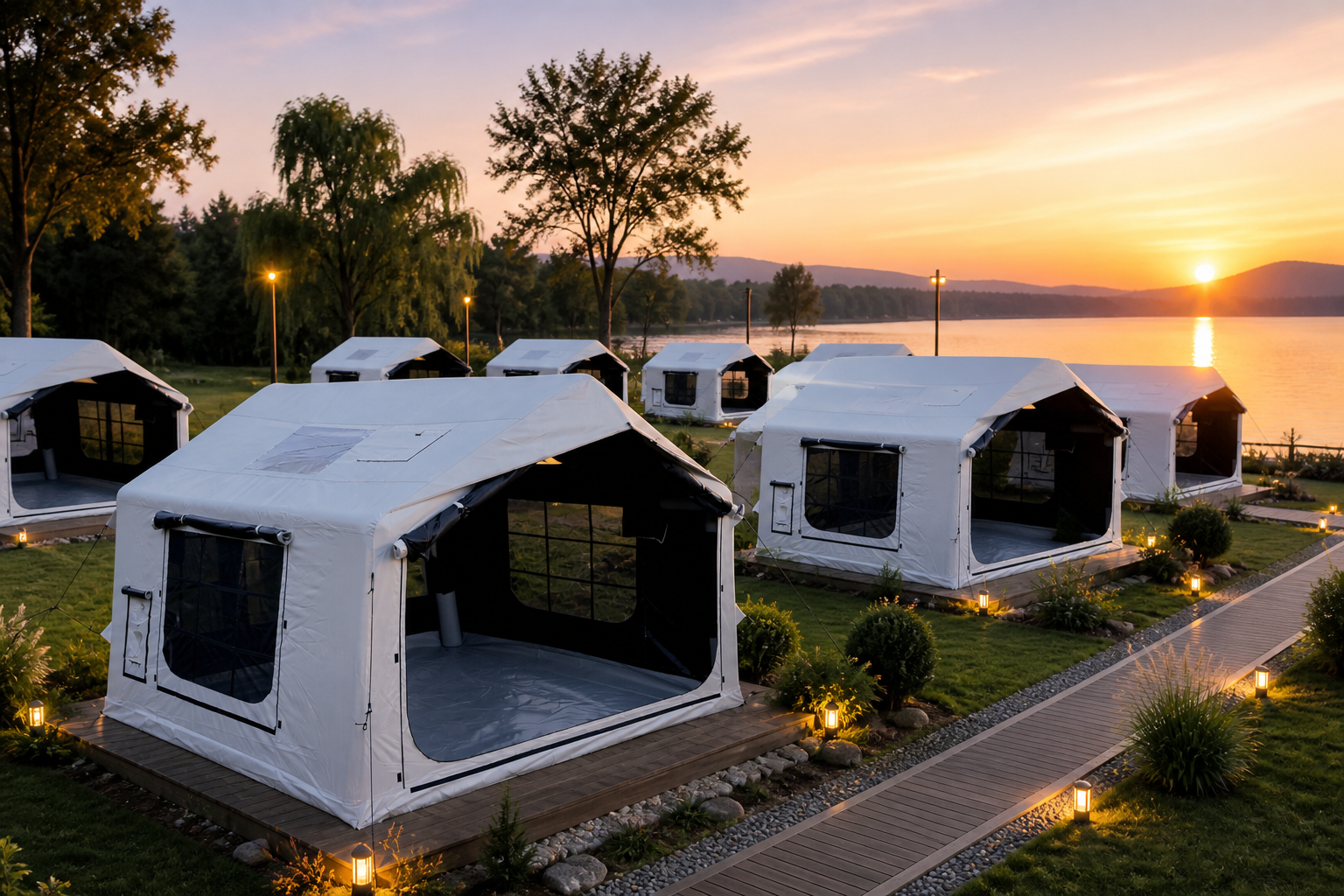 Moonlight White inflatable tents at a lakeside campsite, application visualization