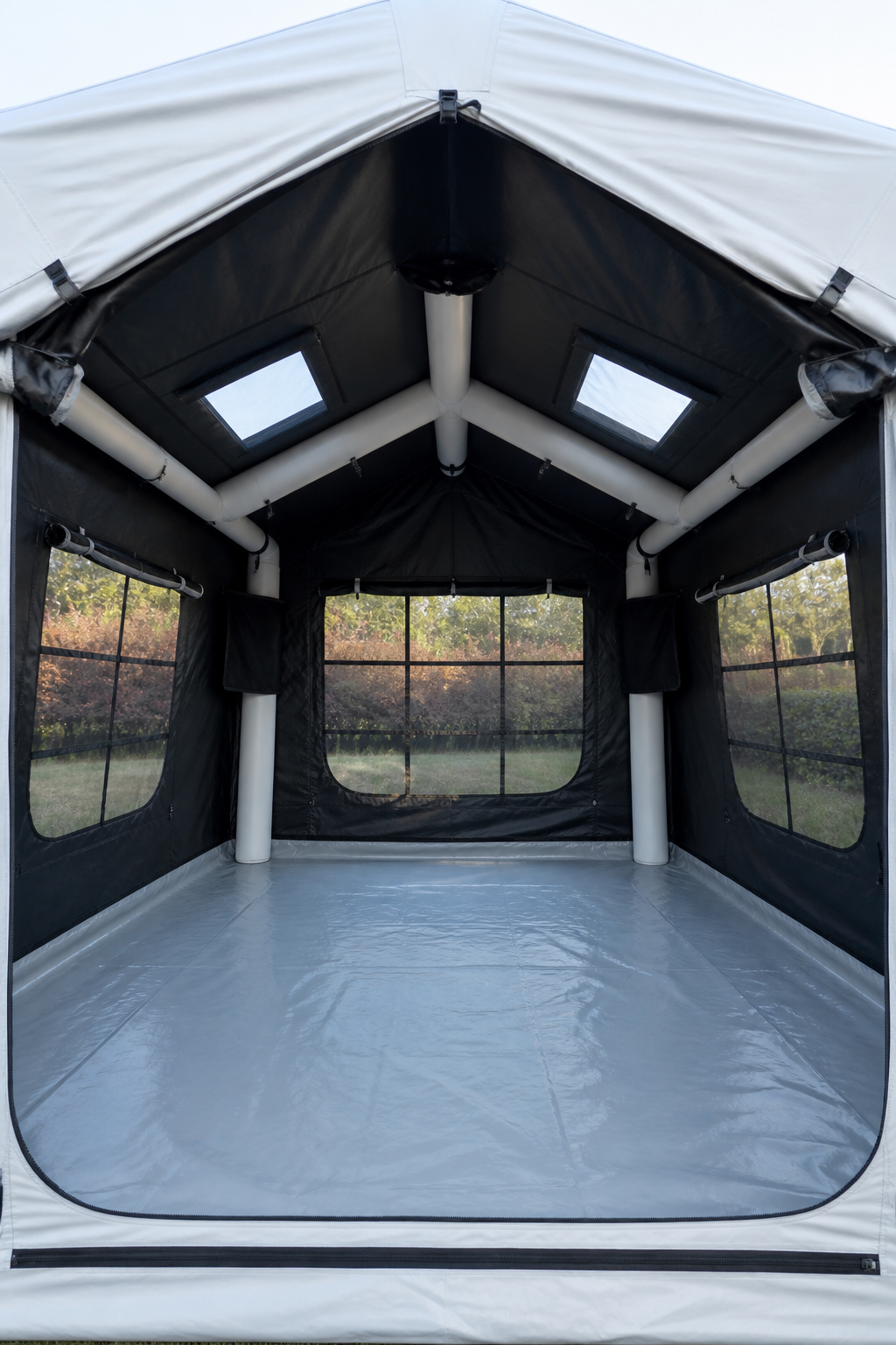 Interior of the Moonlight White family tent with two small skylights