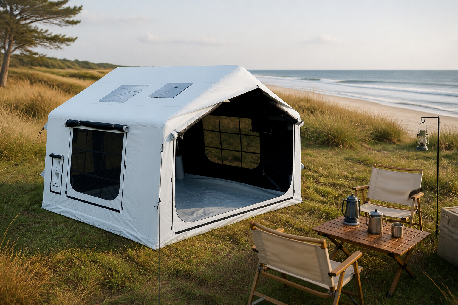 Moonlight White family inflatable tent on a quiet beach grassland