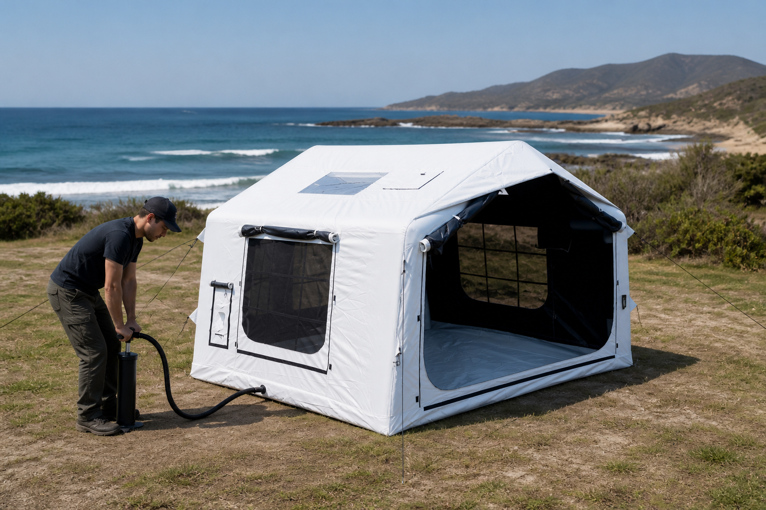 Person inflating a Moonlight White 8.0 m² family tent with a hand pump