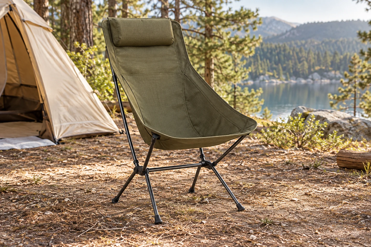 KI-generierte Campingszene mit Tragbarer klappbarer Campingstuhl mit hoher Rückenlehne