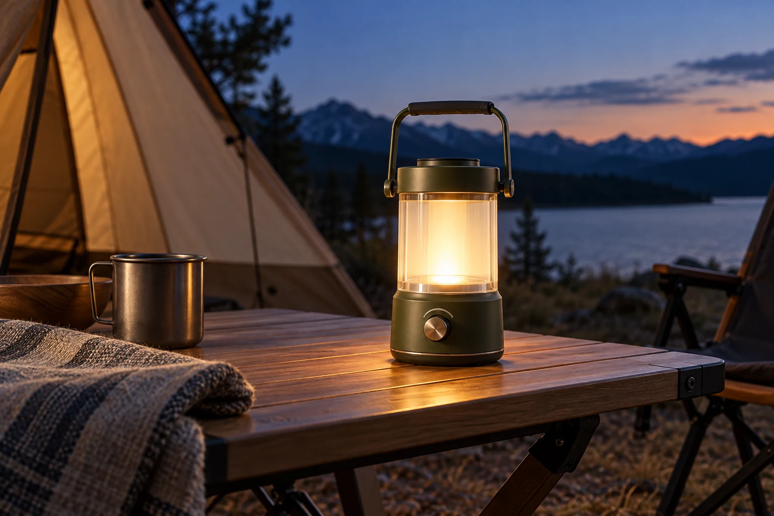 KI-generierte Campingszene mit Wiederaufladbare Warmlicht-Campinglaterne