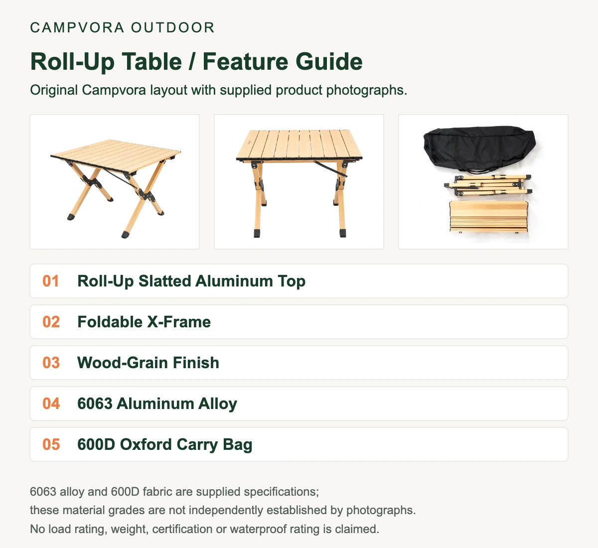 Product feature infographic showing the slatted tabletop, folding X-frame, wood-grain appearance and carry bag