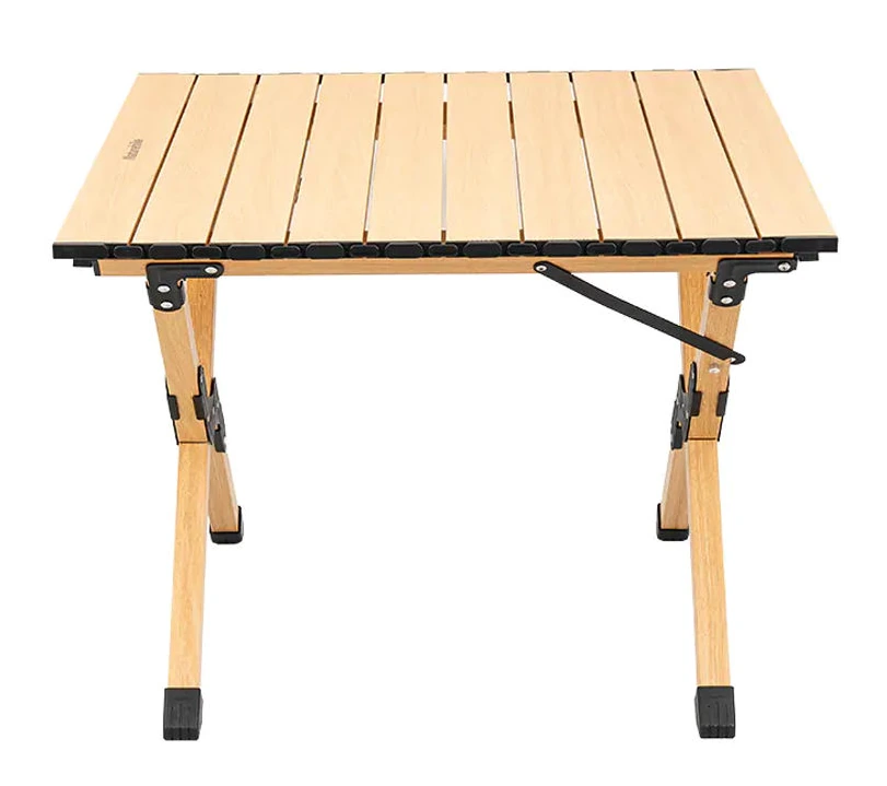 Front view of the wood-grain slatted aluminum tabletop and folding frame