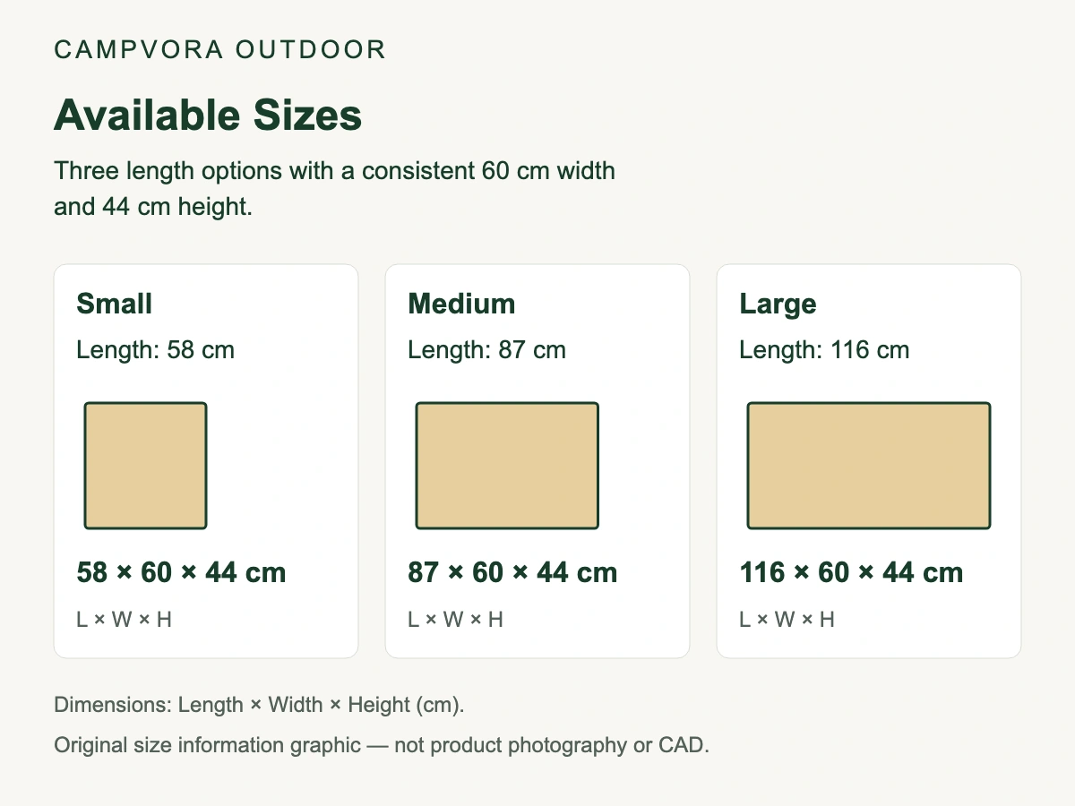 Campvora size guide: Small 58 by 60 by 44 cm, Medium 87 by 60 by 44 cm and Large 116 by 60 by 44 cm, length by width by height