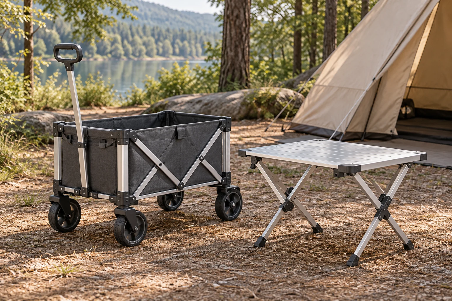 KI-generierte Campingszene mit Campingwagen mit Klapptisch