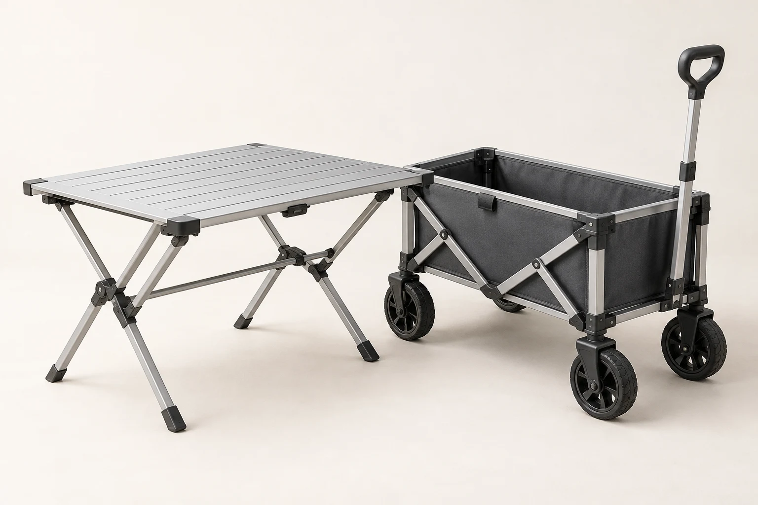KI-generierte Produktabbildung: Campingwagen mit Klapptisch