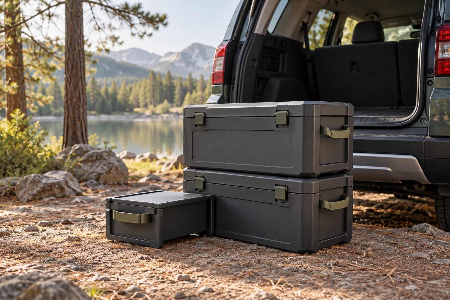 KI-generierte Campingszene mit Modulares Aufbewahrungssystem für Fahrzeug-Camping