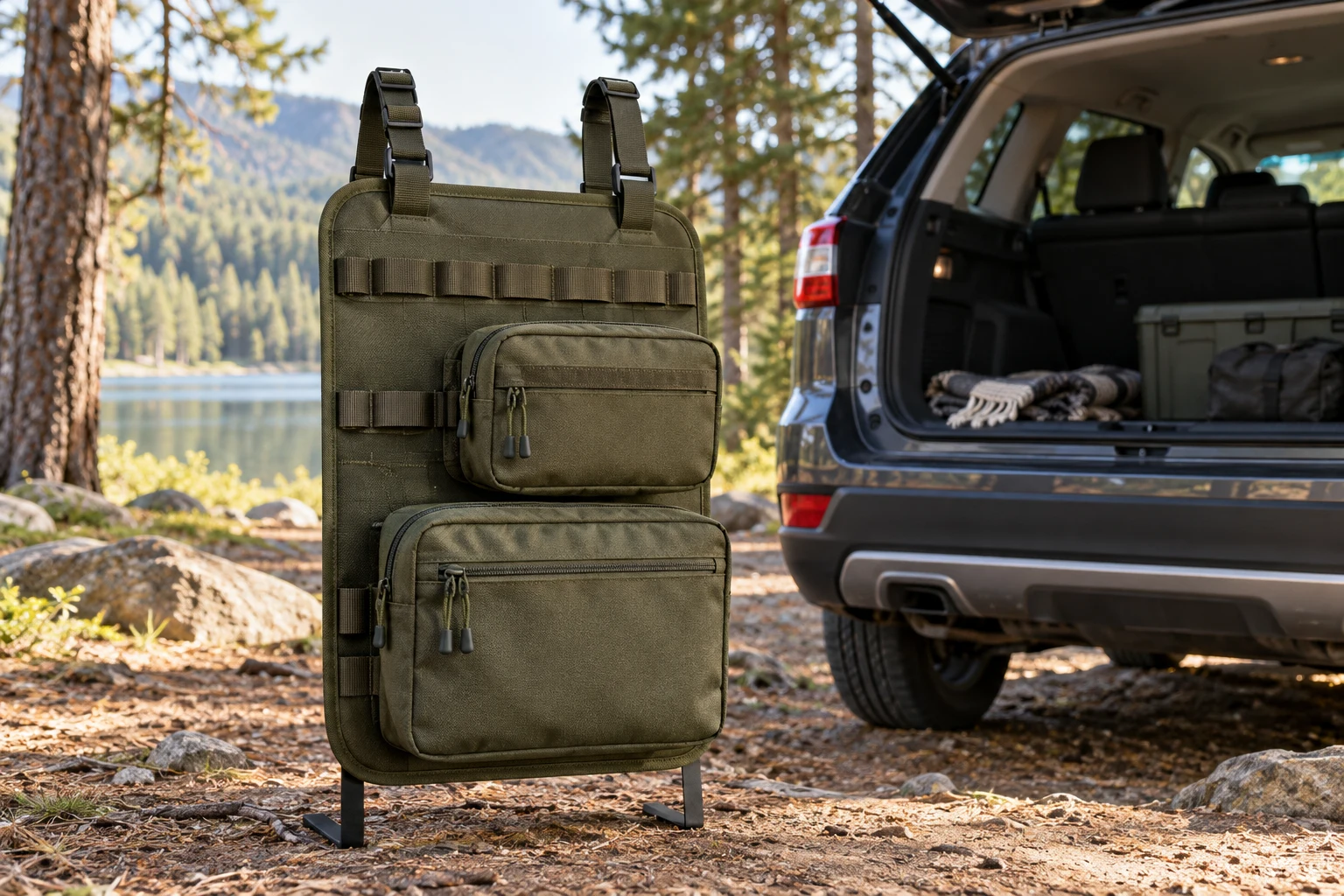 KI-generierte Campingszene mit Modulares Taschen-System für Fahrzeug-Camping & Overlanding